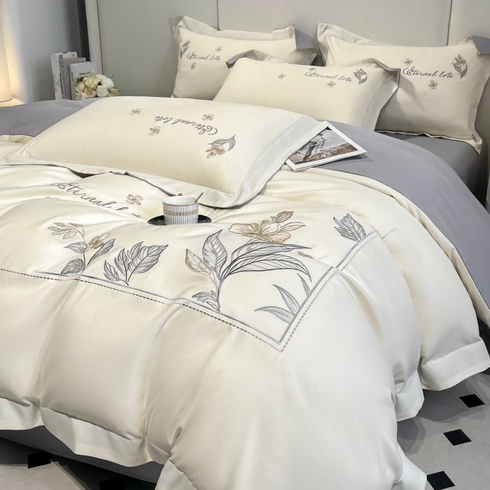 91家纺网 家纺一手货源 找家纺 青柚 2025新款A类亲肤棉刺绣四件套-蓝风铃（小号不低于98元，标准不低于138，加大不低于148，以此类推，低价必投不撤销） 蓝风铃-绅士灰