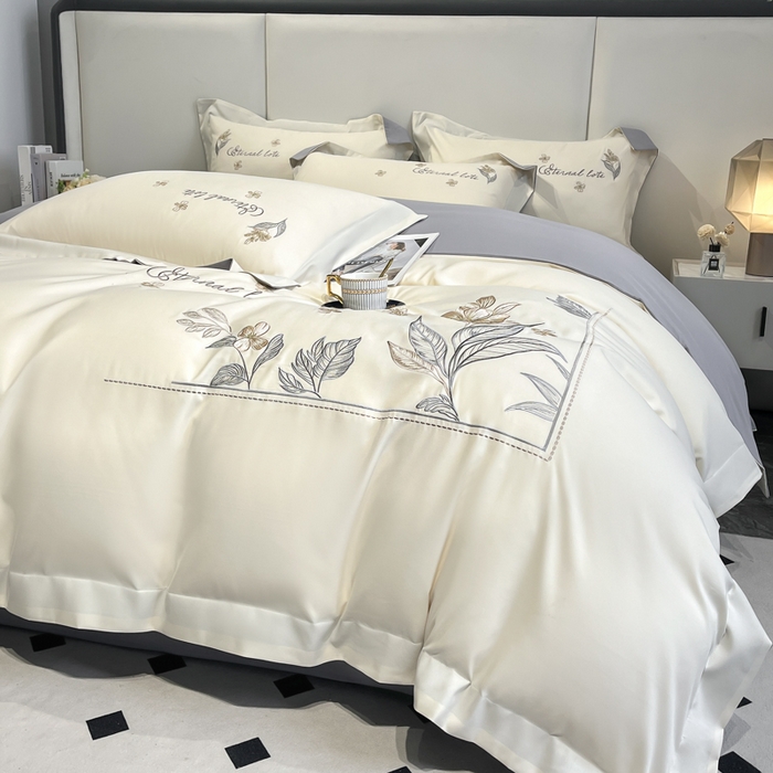 91家纺网 家纺一手货源 找家纺 青柚 2025新款A类亲肤棉刺绣四件套-蓝风铃（小号不低于98元，标准不低于138，加大不低于148，以此类推，低价必投不撤销） 蓝风铃-绅士灰