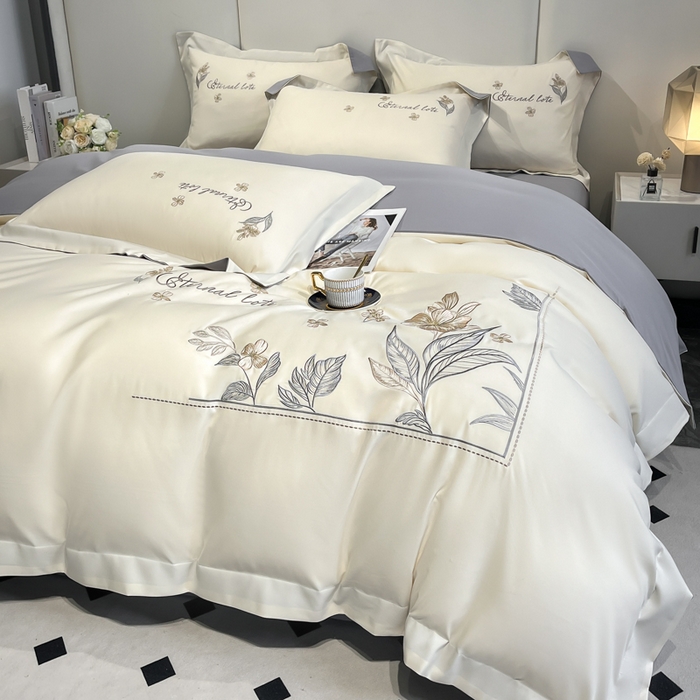 91家纺网 家纺一手货源 找家纺 青柚 2025新款A类亲肤棉刺绣四件套-蓝风铃（小号不低于98元，标准不低于138，加大不低于148，以此类推，低价必投不撤销） 蓝风铃-绅士灰