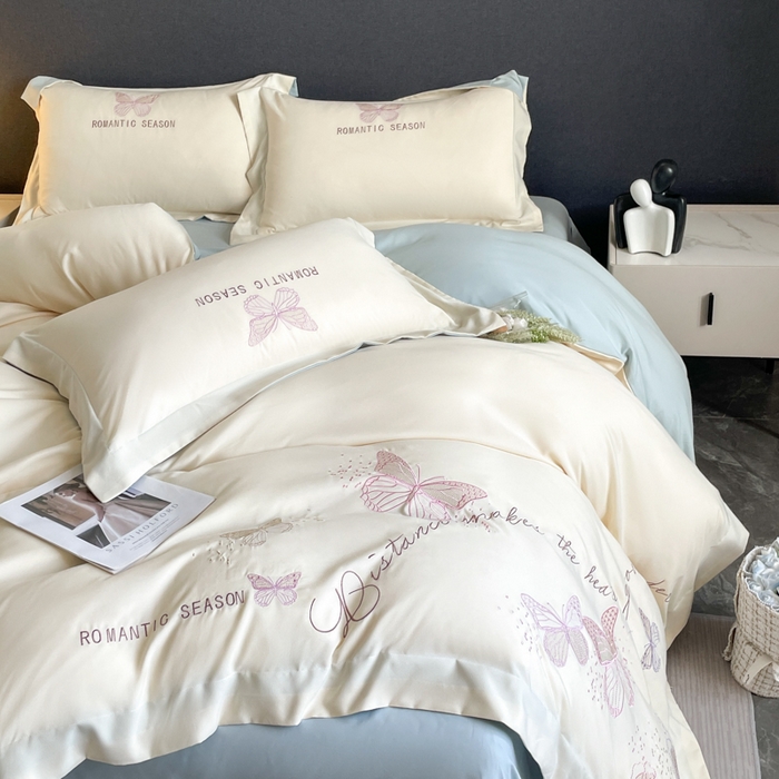 91家纺网 家纺一手货源 找家纺 青柚 2025新款梦蝶亲肤棉刺绣四件套（小号不低于98元，标准不低于138，加大不低于148，以此类推，低价必投不撤销） 梦蝶-白蓝