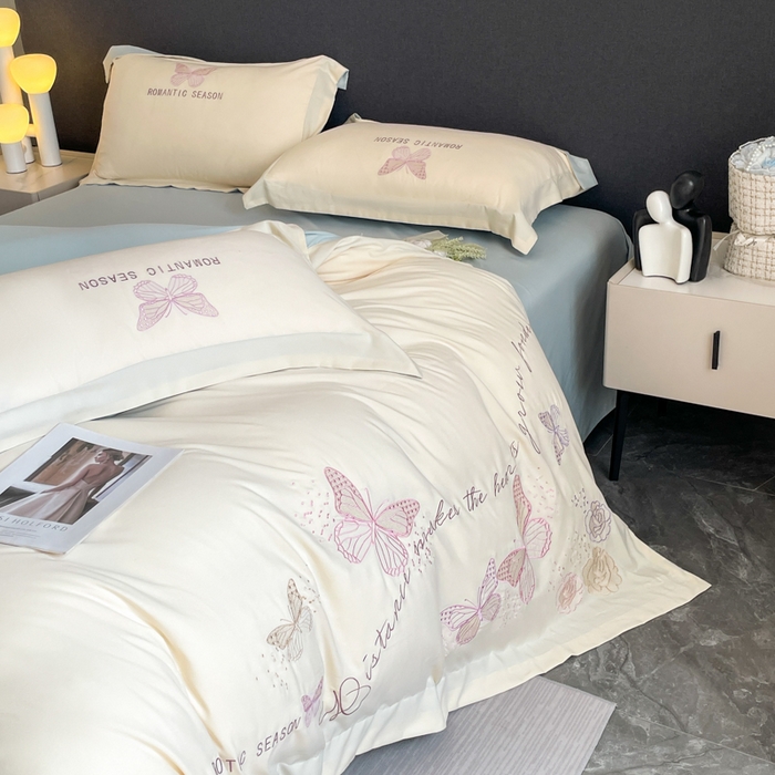 91家纺网 家纺一手货源 找家纺 青柚 2025新款梦蝶亲肤棉刺绣四件套（小号不低于98元，标准不低于138，加大不低于148，以此类推，低价必投不撤销） 梦蝶-白蓝