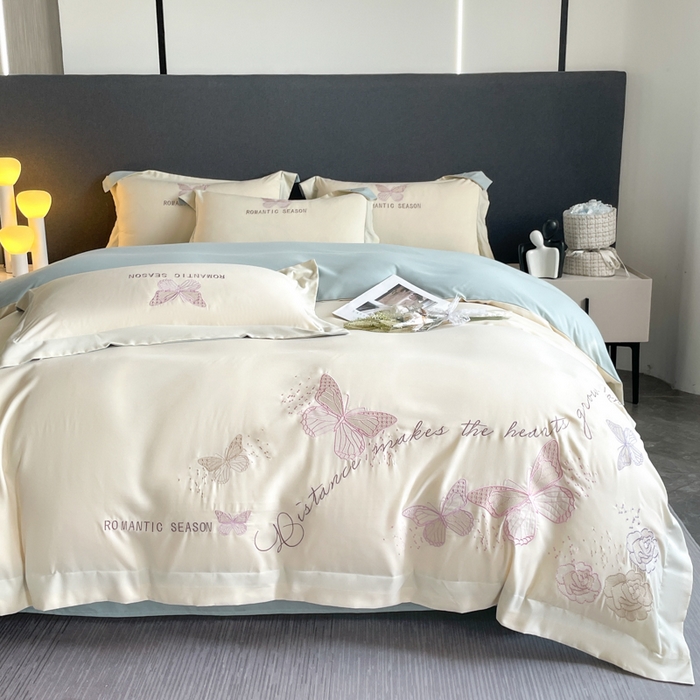 91家纺网 家纺一手货源 找家纺 青柚 2025新款梦蝶亲肤棉刺绣四件套（小号不低于98元，标准不低于138，加大不低于148，以此类推，低价必投不撤销） 梦蝶-白蓝