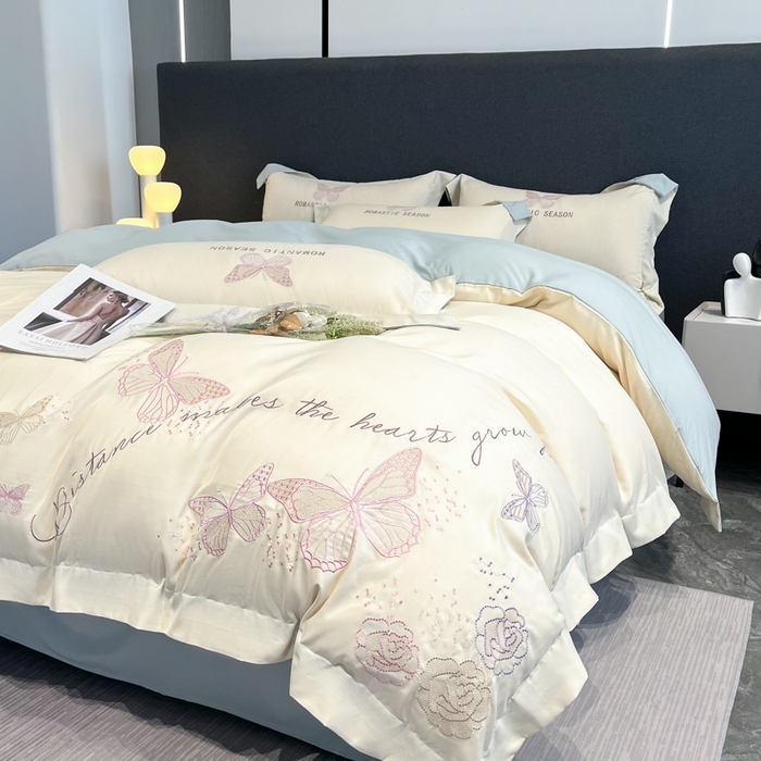 91家纺网 家纺一手货源 找家纺 青柚 2025新款梦蝶亲肤棉刺绣四件套（小号不低于98元，标准不低于138，加大不低于148，以此类推，低价必投不撤销） 梦蝶-白蓝