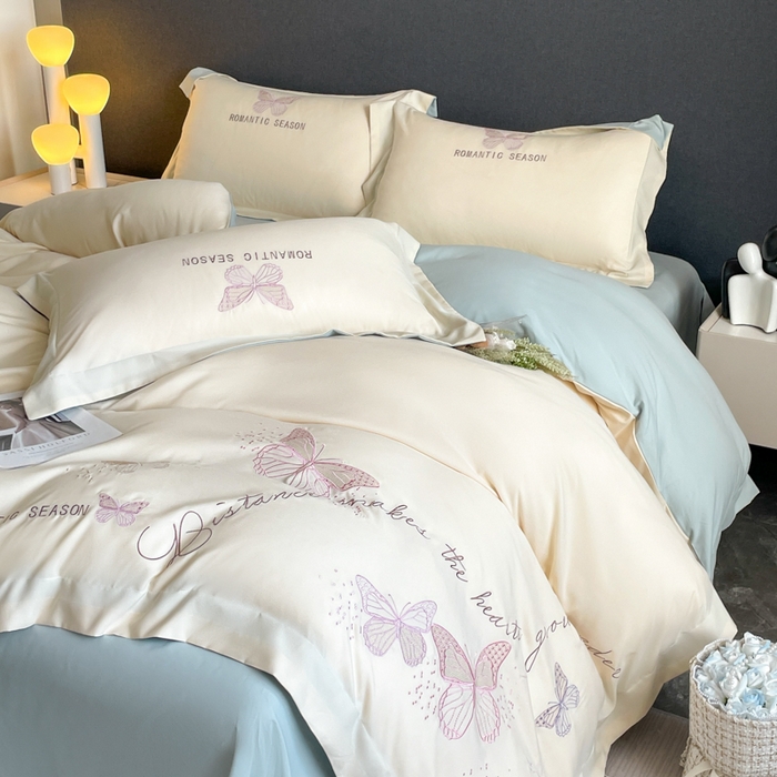 91家纺网 家纺一手货源 找家纺 青柚 2025新款梦蝶亲肤棉刺绣四件套（小号不低于98元，标准不低于138，加大不低于148，以此类推，低价必投不撤销） 梦蝶-白蓝