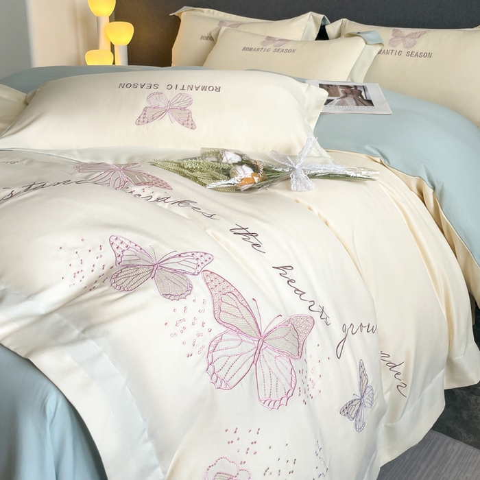 91家纺网 家纺一手货源 找家纺 青柚 2025新款梦蝶亲肤棉刺绣四件套（小号不低于98元，标准不低于138，加大不低于148，以此类推，低价必投不撤销） 梦蝶-白蓝