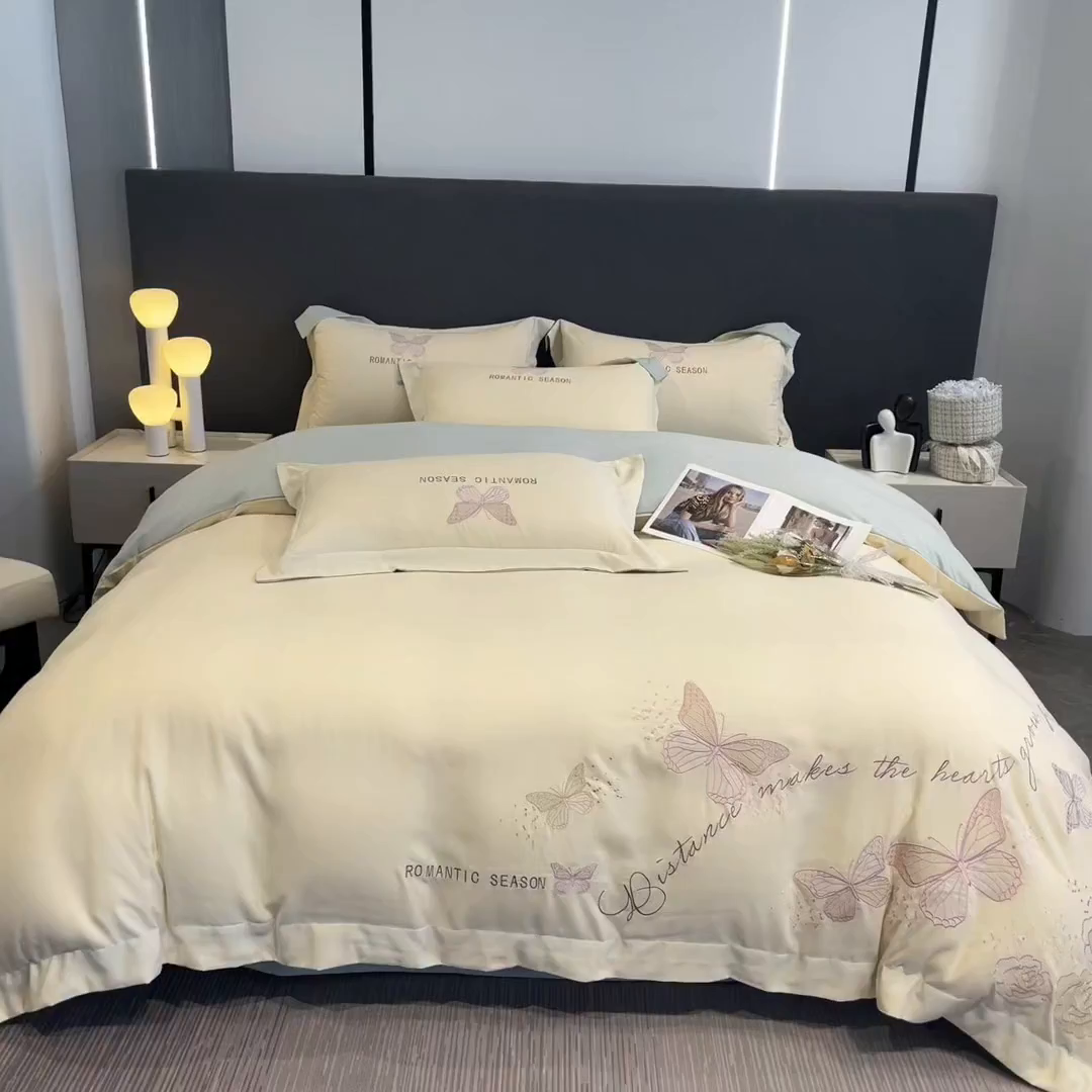 91家纺网 家纺一手货源 找家纺 青柚 2025新款梦蝶亲肤棉刺绣四件套（小号不低于98元，标准不低于138，加大不低于148，以此类推，低价必投不撤销） 梦蝶-白蓝