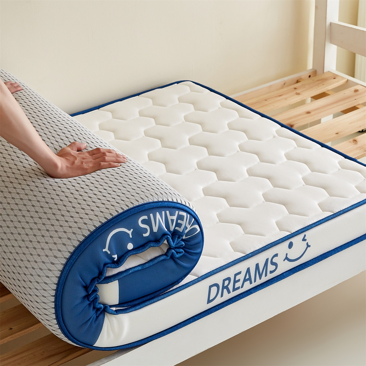 91家纺网 家纺一手货源 找家纺 布卢姆床垫 2025新款A类针织乳胶立体记忆海绵学生床垫--微笑 微笑-白蓝