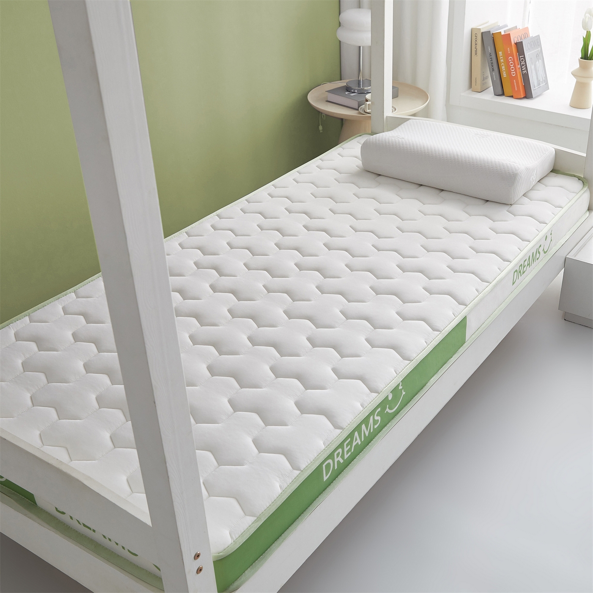 91家纺网 家纺一手货源 找家纺 布卢姆床垫 2025新款A类针织乳胶立体记忆海绵学生床垫--微笑 微笑-白绿