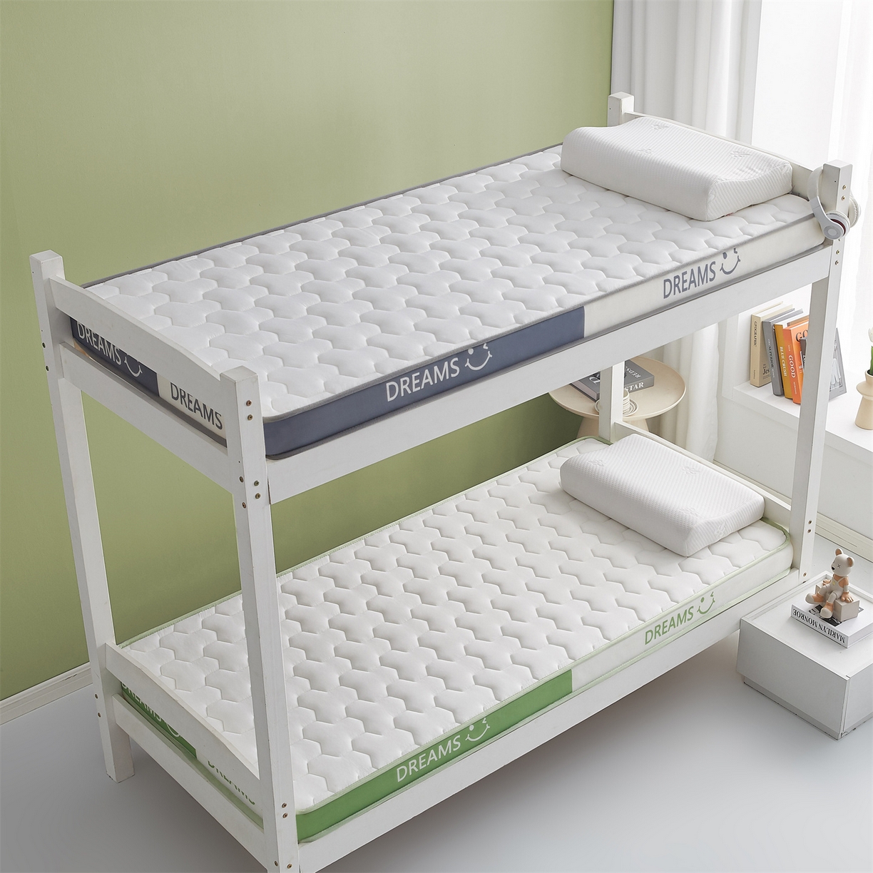 91家纺网 家纺一手货源 找家纺 布卢姆床垫 2025新款A类针织乳胶立体记忆海绵学生床垫--微笑 微笑-白绿