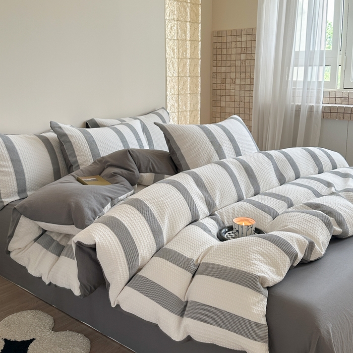 91家纺网 家纺一手货源 找家纺 缘生活 2025新款色织华夫格四件套 色织华夫格灰色