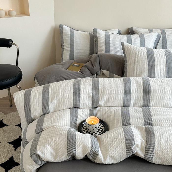 91家纺网 家纺一手货源 找家纺 缘生活 2025新款色织华夫格四件套 色织华夫格灰色