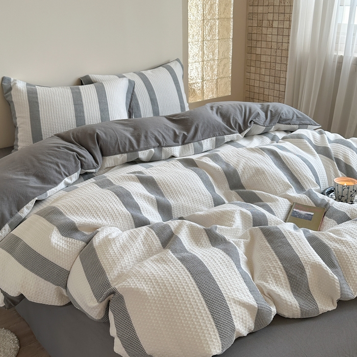 91家纺网 家纺一手货源 找家纺 缘生活 2025新款色织华夫格四件套 色织华夫格灰色