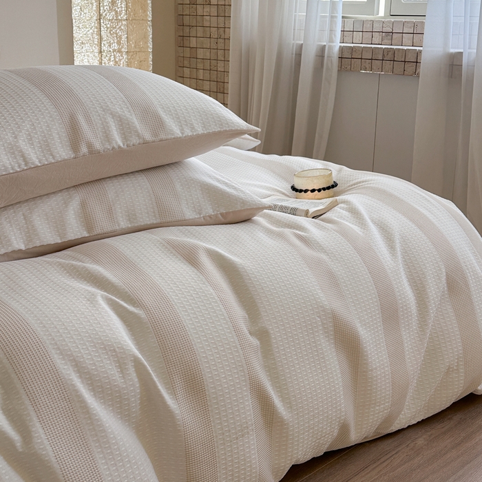 91家纺网 家纺一手货源 找家纺 缘生活 2025新款色织华夫格四件套 色织华夫格卡其