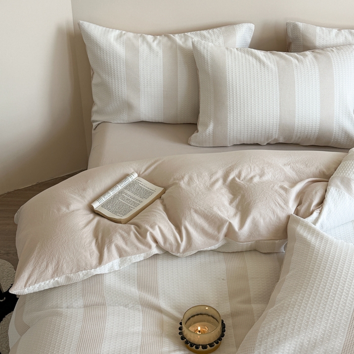 91家纺网 家纺一手货源 找家纺 缘生活 2025新款色织华夫格四件套 色织华夫格卡其