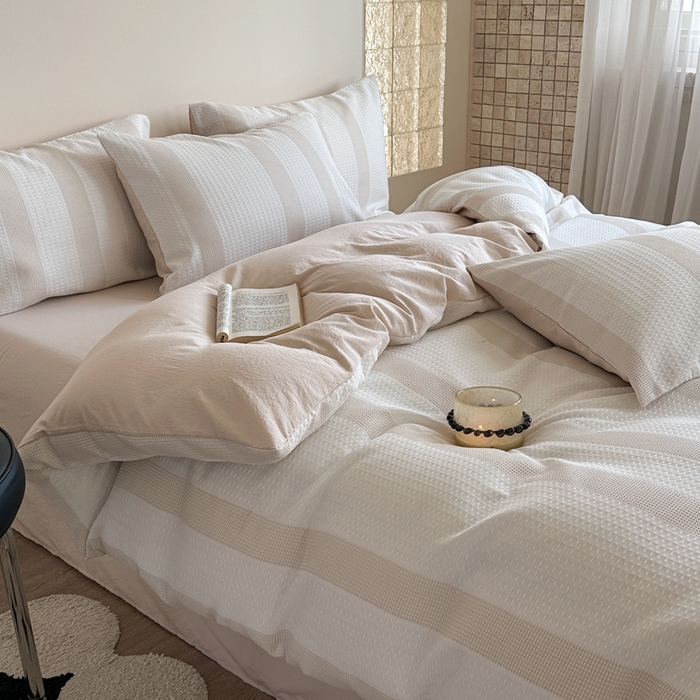 91家纺网 家纺一手货源 找家纺 缘生活 2025新款色织华夫格四件套 色织华夫格卡其