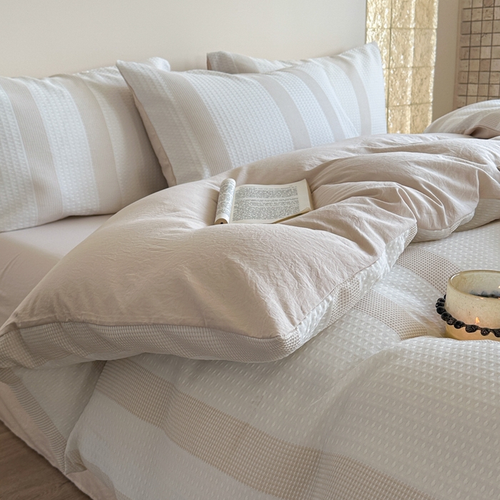 91家纺网 家纺一手货源 找家纺 缘生活 2025新款色织华夫格四件套 色织华夫格卡其