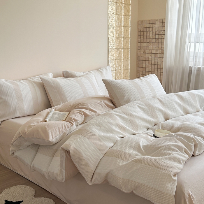 91家纺网 家纺一手货源 找家纺 缘生活 2025新款色织华夫格四件套 色织华夫格卡其