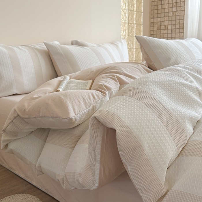 91家纺网 家纺一手货源 找家纺 缘生活 2025新款色织华夫格四件套 色织华夫格卡其