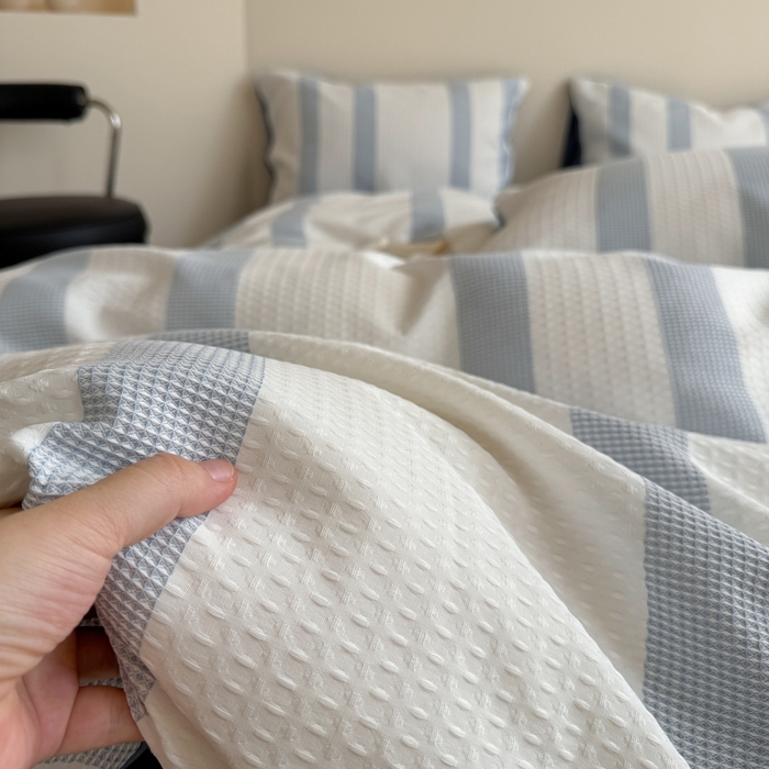 91家纺网 家纺一手货源 找家纺 缘生活 2025新款色织华夫格四件套 色织华夫格蓝色