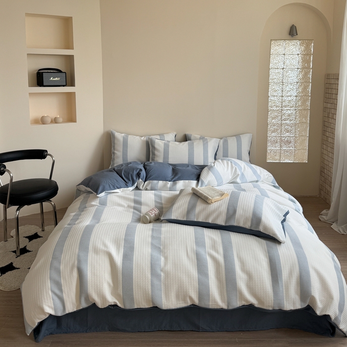 91家纺网 家纺一手货源 找家纺 缘生活 2025新款色织华夫格四件套 色织华夫格蓝色