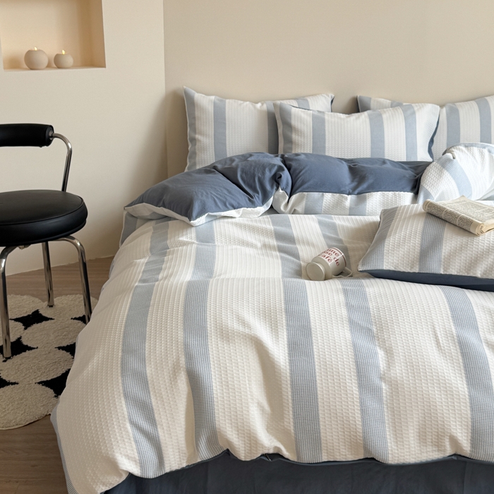 91家纺网 家纺一手货源 找家纺 缘生活 2025新款色织华夫格四件套 色织华夫格蓝色