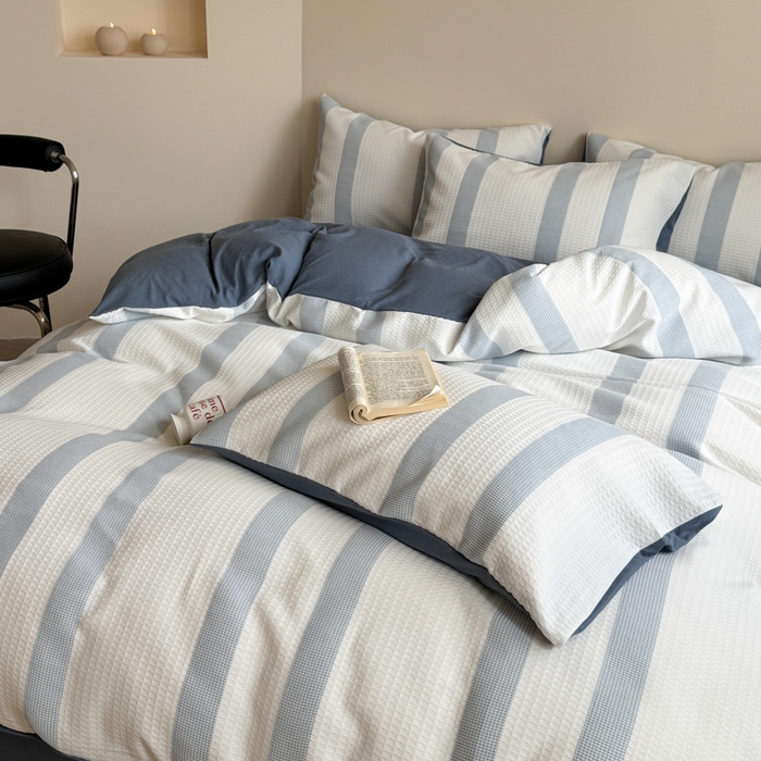 91家纺网 家纺一手货源 找家纺 缘生活 2025新款色织华夫格四件套 色织华夫格蓝色