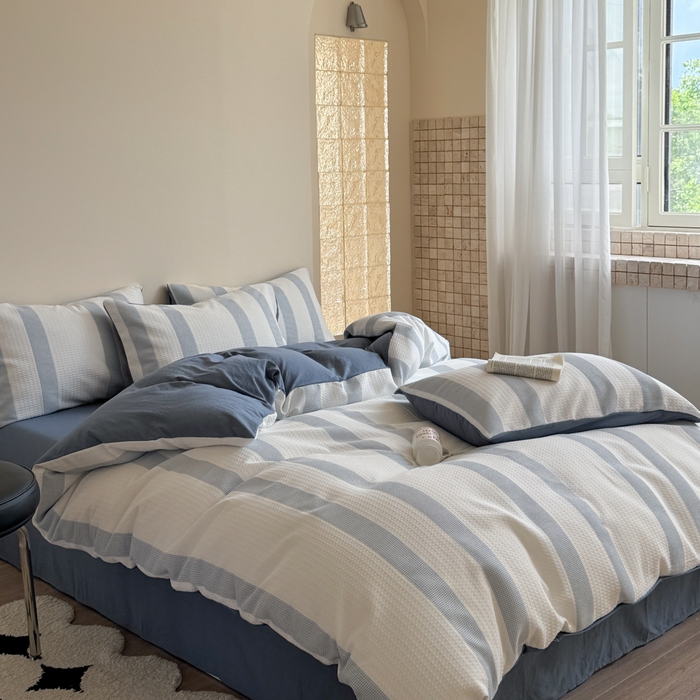 91家纺网 家纺一手货源 找家纺 缘生活 2025新款色织华夫格四件套 色织华夫格蓝色