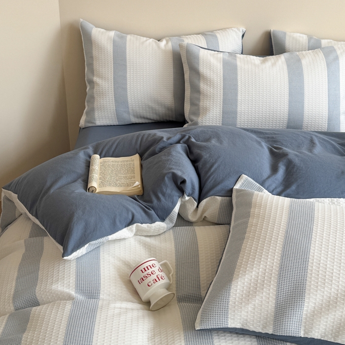 91家纺网 家纺一手货源 找家纺 缘生活 2025新款色织华夫格四件套 色织华夫格蓝色