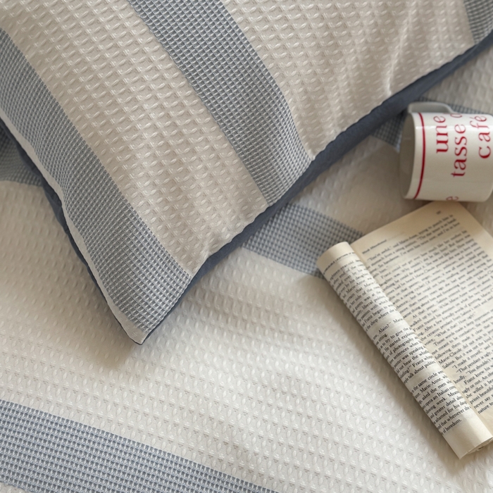 91家纺网 家纺一手货源 找家纺 缘生活 2025新款色织华夫格四件套 色织华夫格蓝色