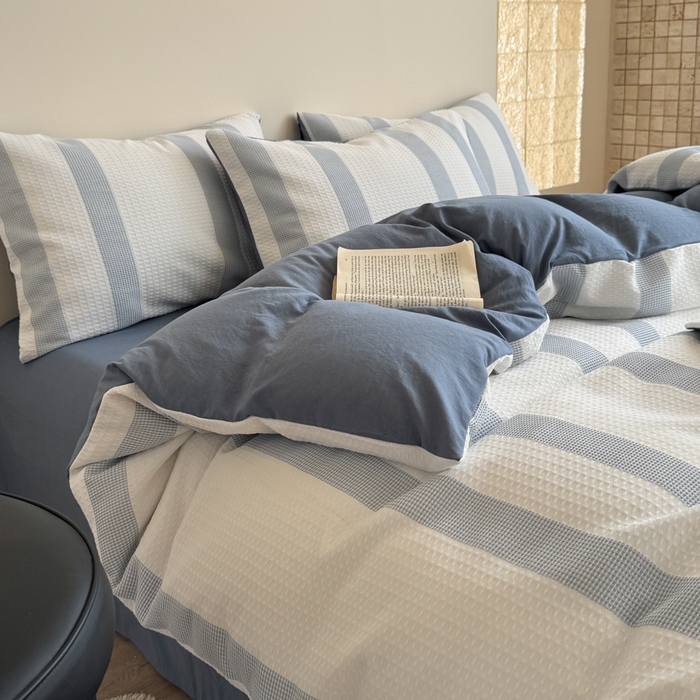 91家纺网 家纺一手货源 找家纺 缘生活 2025新款色织华夫格四件套 色织华夫格蓝色