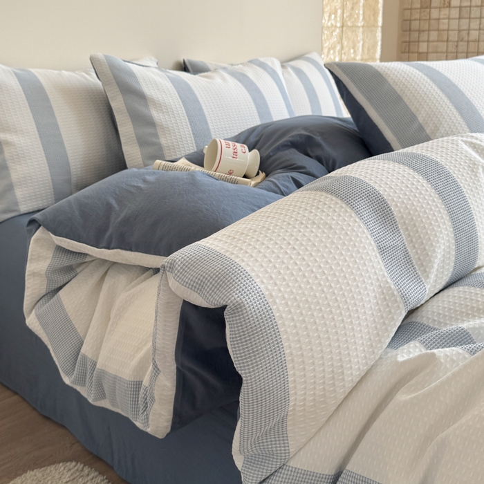 91家纺网 家纺一手货源 找家纺 缘生活 2025新款色织华夫格四件套 色织华夫格蓝色