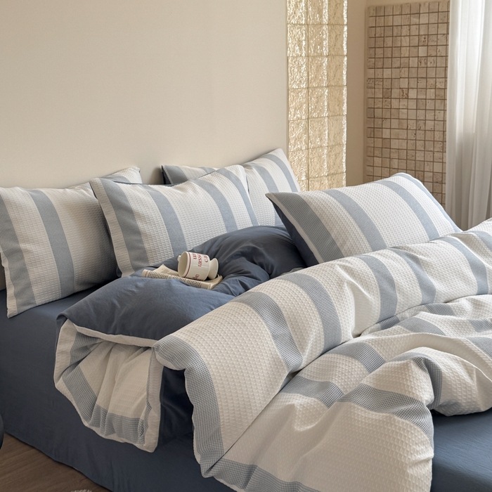 91家纺网 家纺一手货源 找家纺 缘生活 2025新款色织华夫格四件套 色织华夫格蓝色