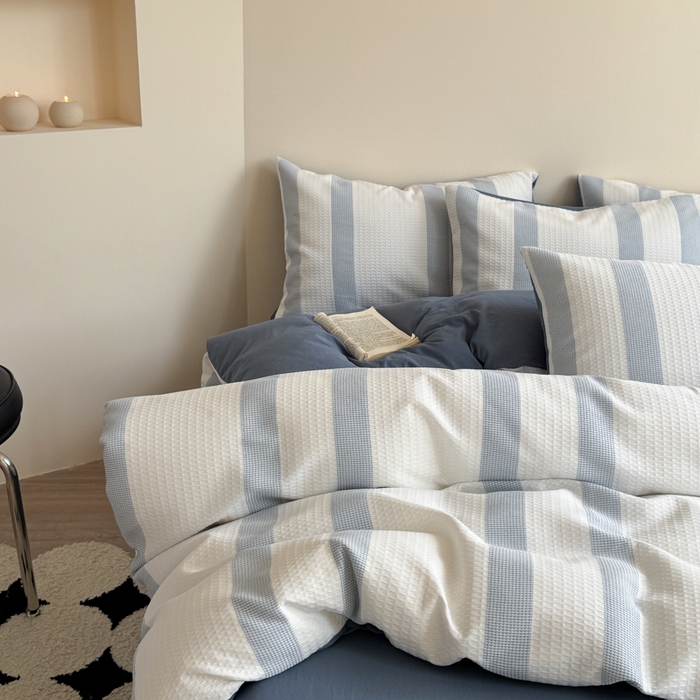 91家纺网 家纺一手货源 找家纺 缘生活 2025新款色织华夫格四件套 色织华夫格蓝色