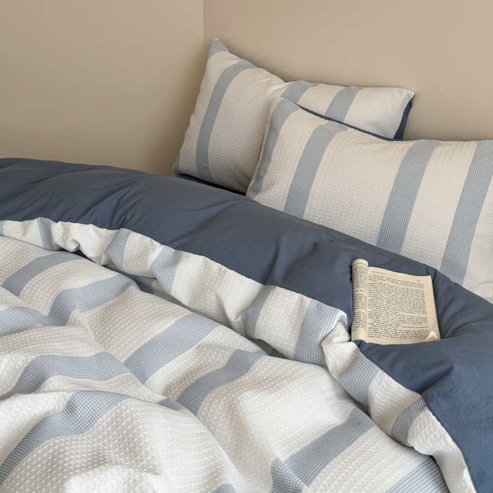 91家纺网 家纺一手货源 找家纺 缘生活 2025新款色织华夫格四件套 色织华夫格蓝色