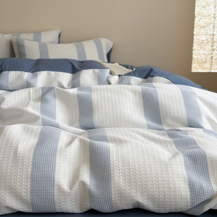 91家纺网 家纺一手货源 找家纺 缘生活 2025新款色织华夫格四件套 色织华夫格蓝色