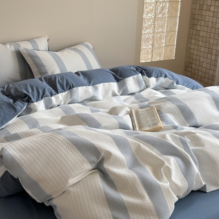 91家纺网 家纺一手货源 找家纺 缘生活 2025新款色织华夫格四件套 色织华夫格蓝色