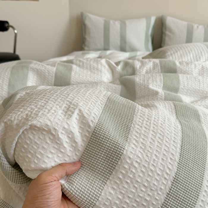 91家纺网 家纺一手货源 找家纺 缘生活 2025新款色织华夫格四件套 色织华夫格绿色