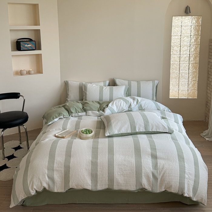 91家纺网 家纺一手货源 找家纺 缘生活 2025新款色织华夫格四件套 色织华夫格绿色