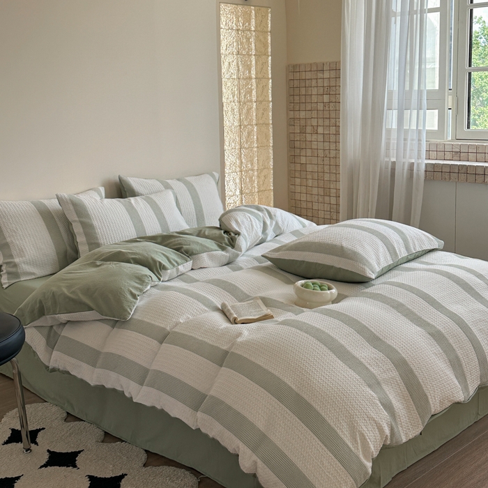 91家纺网 家纺一手货源 找家纺 缘生活 2025新款色织华夫格四件套 色织华夫格绿色