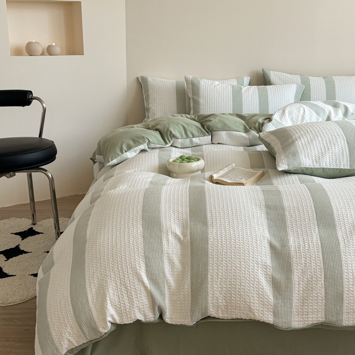 91家纺网 家纺一手货源 找家纺 缘生活 2025新款色织华夫格四件套 色织华夫格绿色