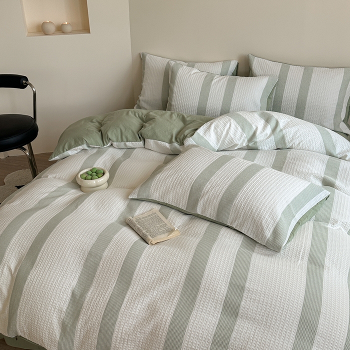 91家纺网 家纺一手货源 找家纺 缘生活 2025新款色织华夫格四件套 色织华夫格绿色