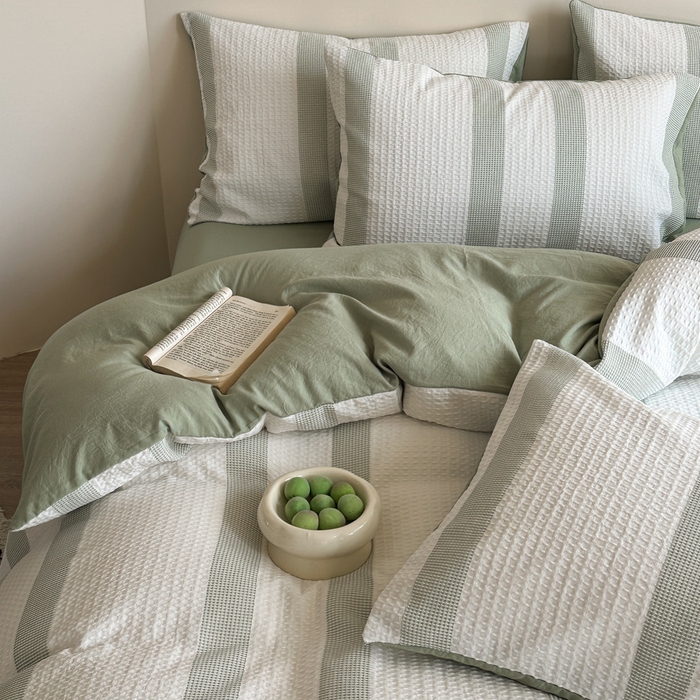 91家纺网 家纺一手货源 找家纺 缘生活 2025新款色织华夫格四件套 色织华夫格绿色