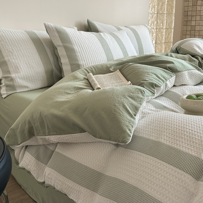 91家纺网 家纺一手货源 找家纺 缘生活 2025新款色织华夫格四件套 色织华夫格绿色