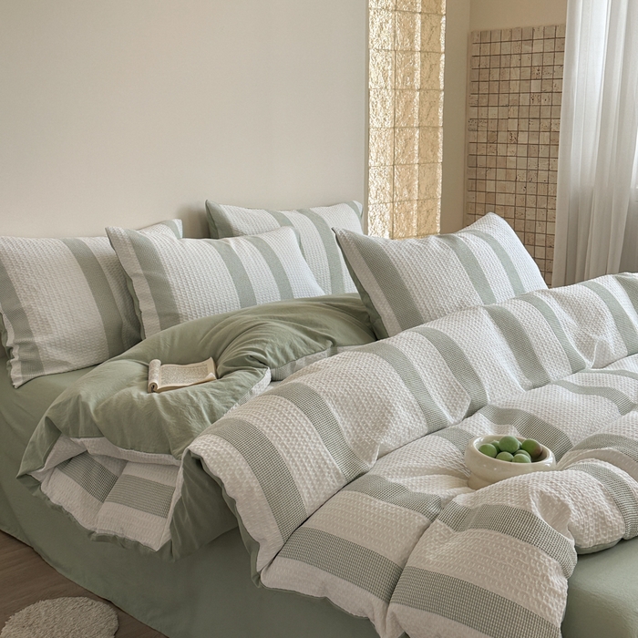 91家纺网 家纺一手货源 找家纺 缘生活 2025新款色织华夫格四件套 色织华夫格绿色