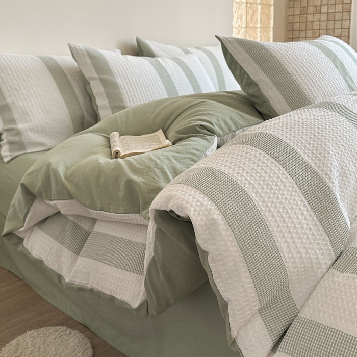 91家纺网 家纺一手货源 找家纺 缘生活 2025新款色织华夫格四件套 色织华夫格绿色