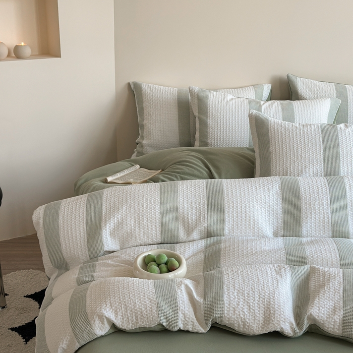 91家纺网 家纺一手货源 找家纺 缘生活 2025新款色织华夫格四件套 色织华夫格绿色