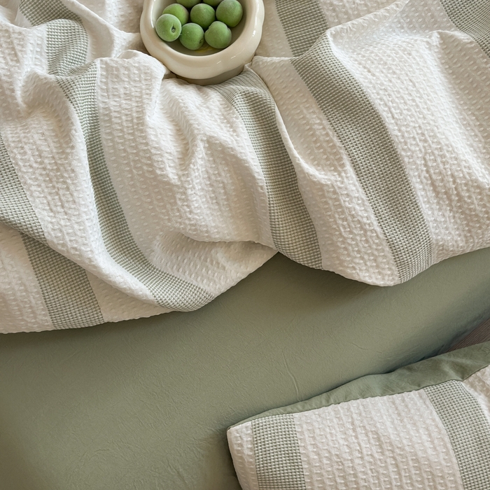 91家纺网 家纺一手货源 找家纺 缘生活 2025新款色织华夫格四件套 色织华夫格绿色