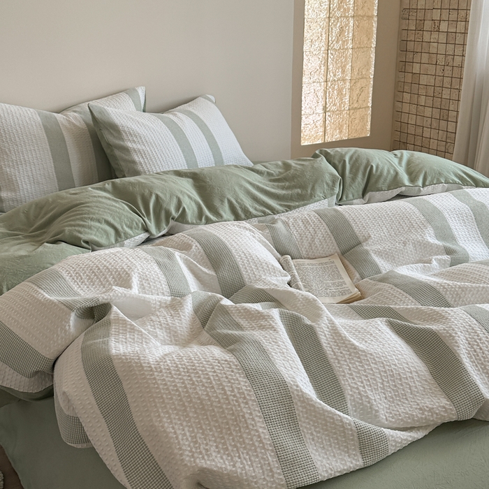 91家纺网 家纺一手货源 找家纺 缘生活 2025新款色织华夫格四件套 色织华夫格绿色