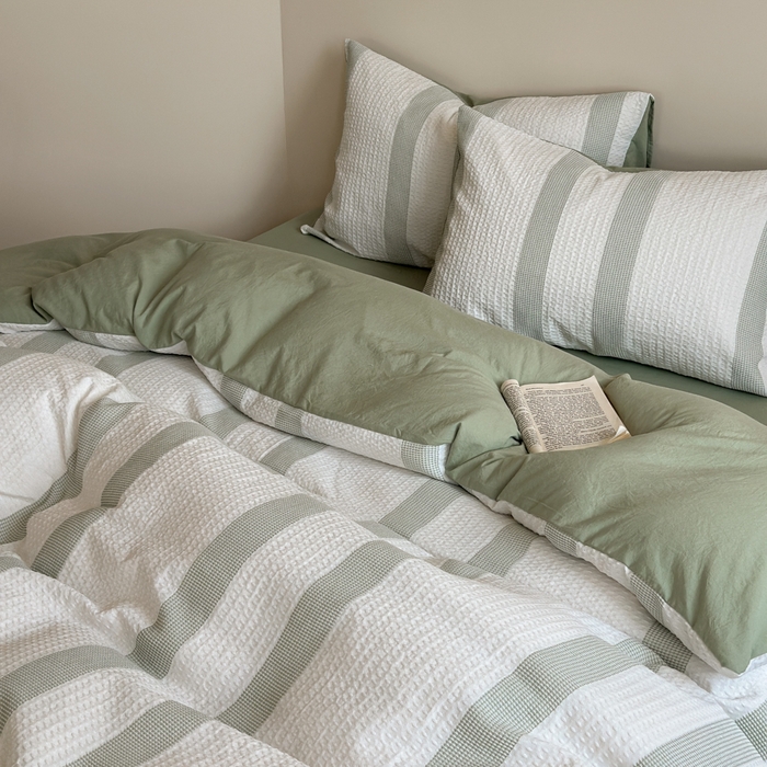 91家纺网 家纺一手货源 找家纺 缘生活 2025新款色织华夫格四件套 色织华夫格绿色