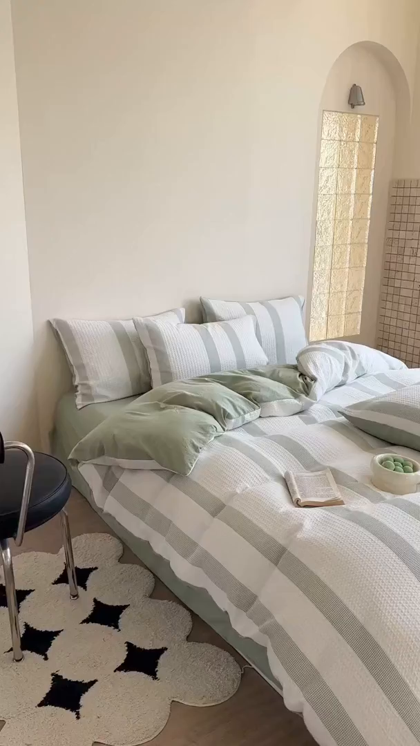 91家纺网 家纺一手货源 找家纺 缘生活 2025新款色织华夫格四件套 色织华夫格绿色